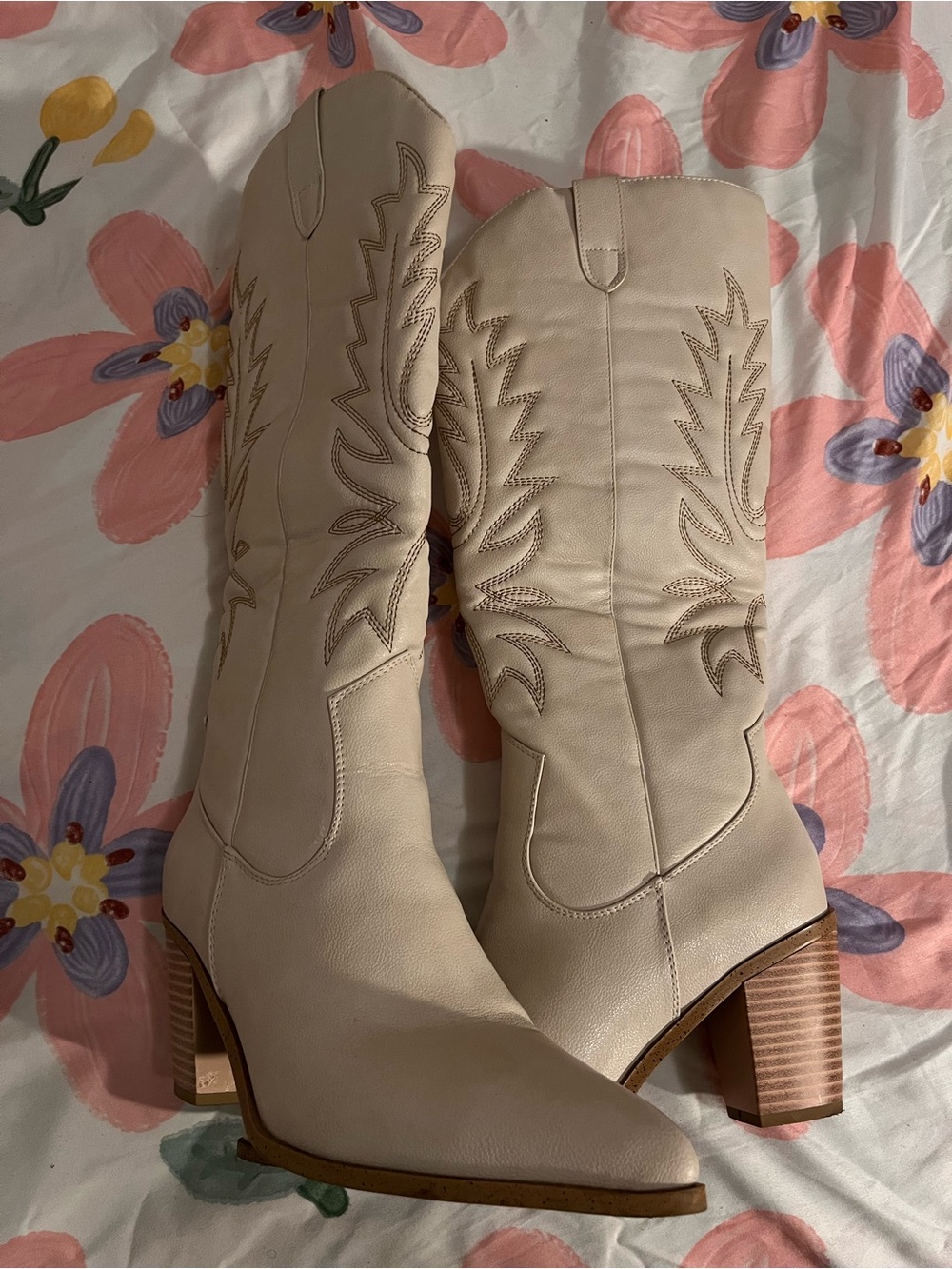 Delilah Cream Western-Style Mid-Calf Heeled Boots